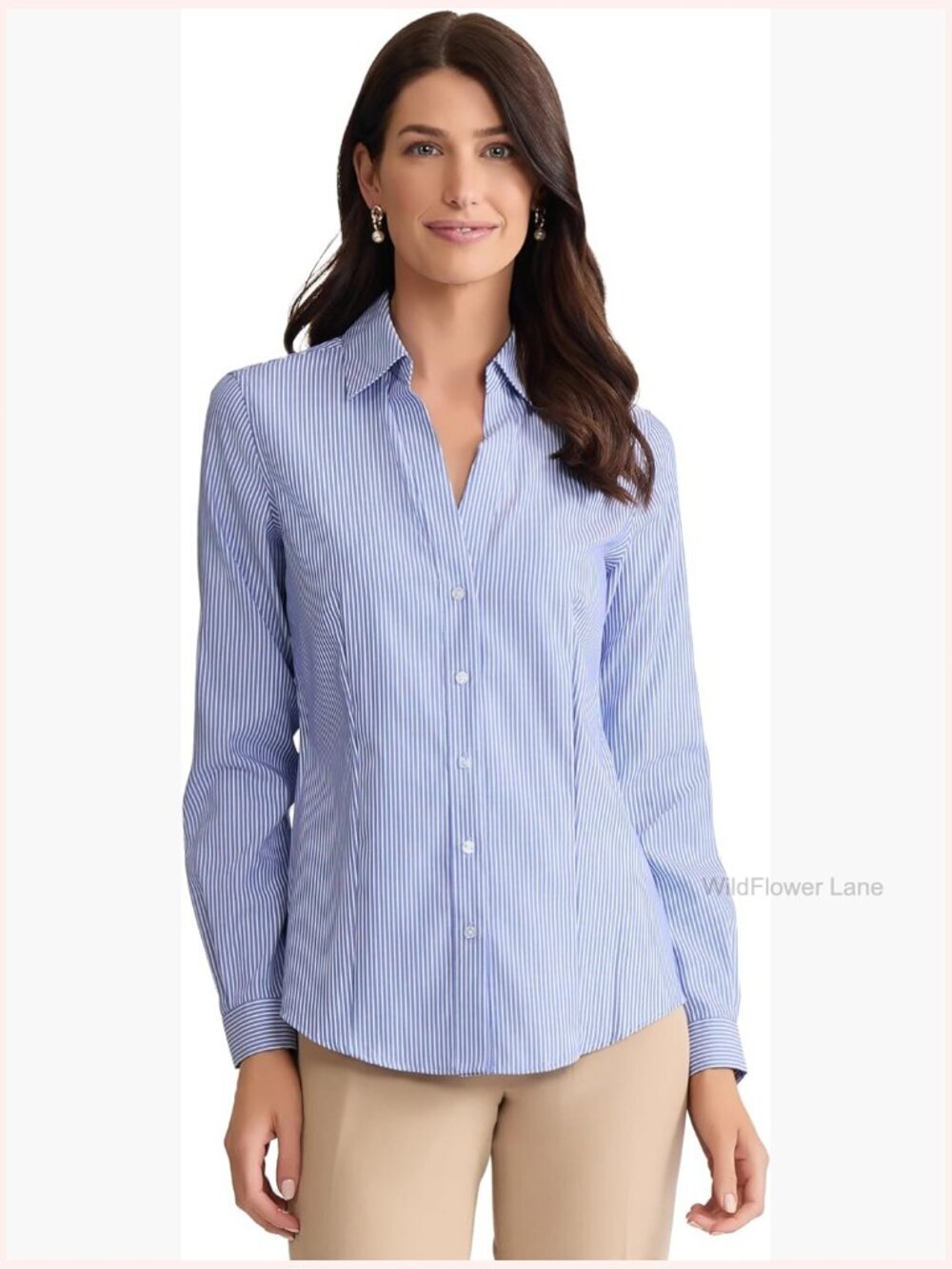 Long Sleeve Easy Care Striped Button Down Blouse